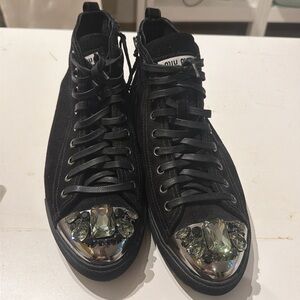 Miu Miu black Suede Shearling Metal Cap Toe Crystals Sneakers.